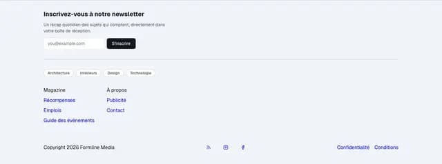 The library block "Editorial footer with newsletter", with its demo copy.