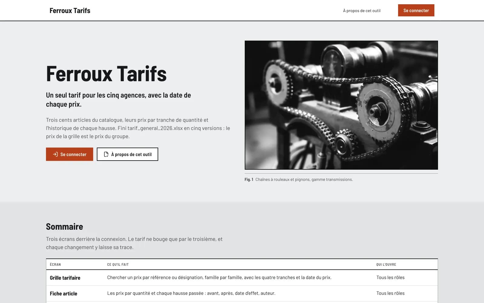 The home page of Ferroux Tarifs's site, a demo made with Kubbler.