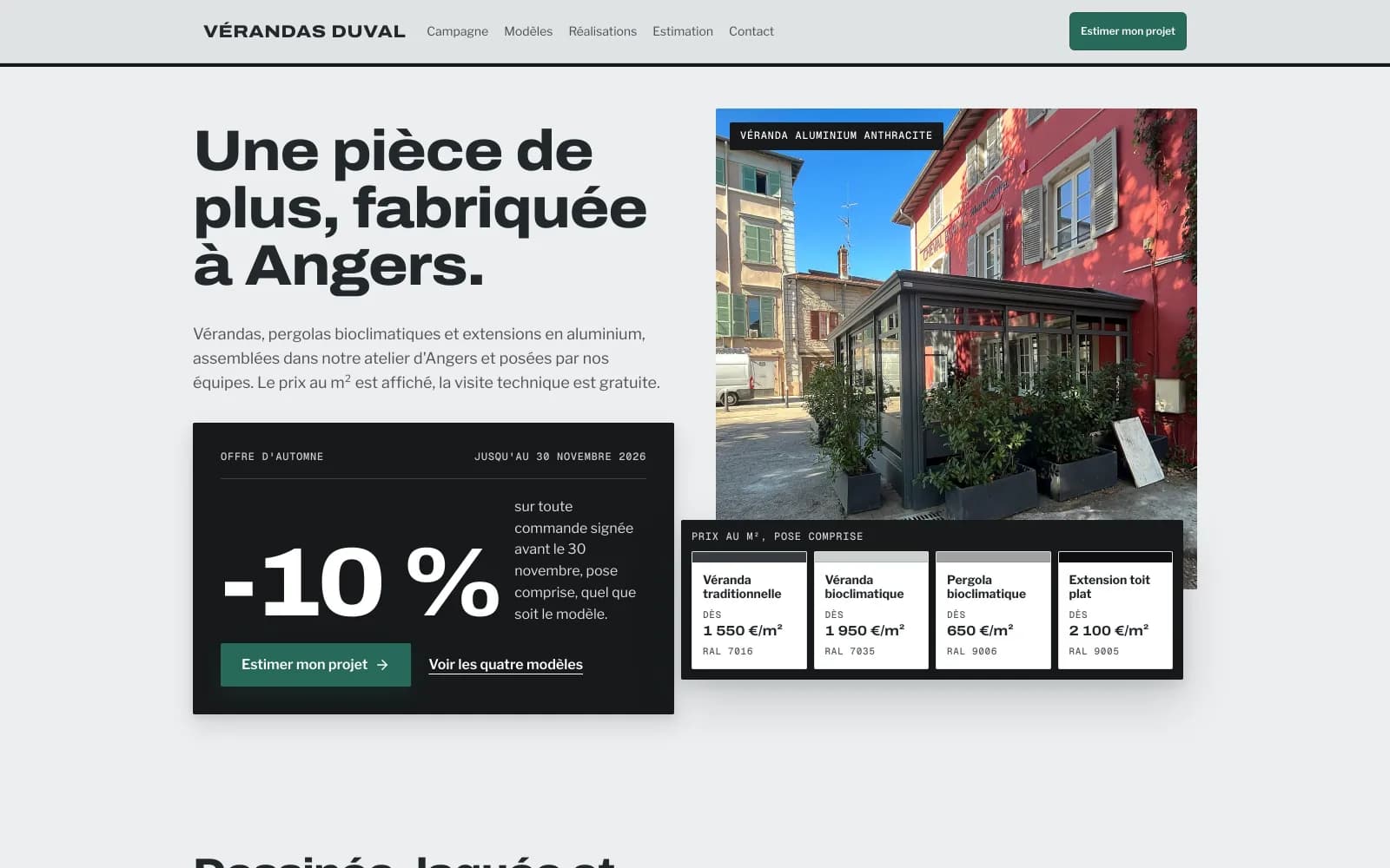 The home page of Vérandas Duval's site, a demo made with Kubbler.