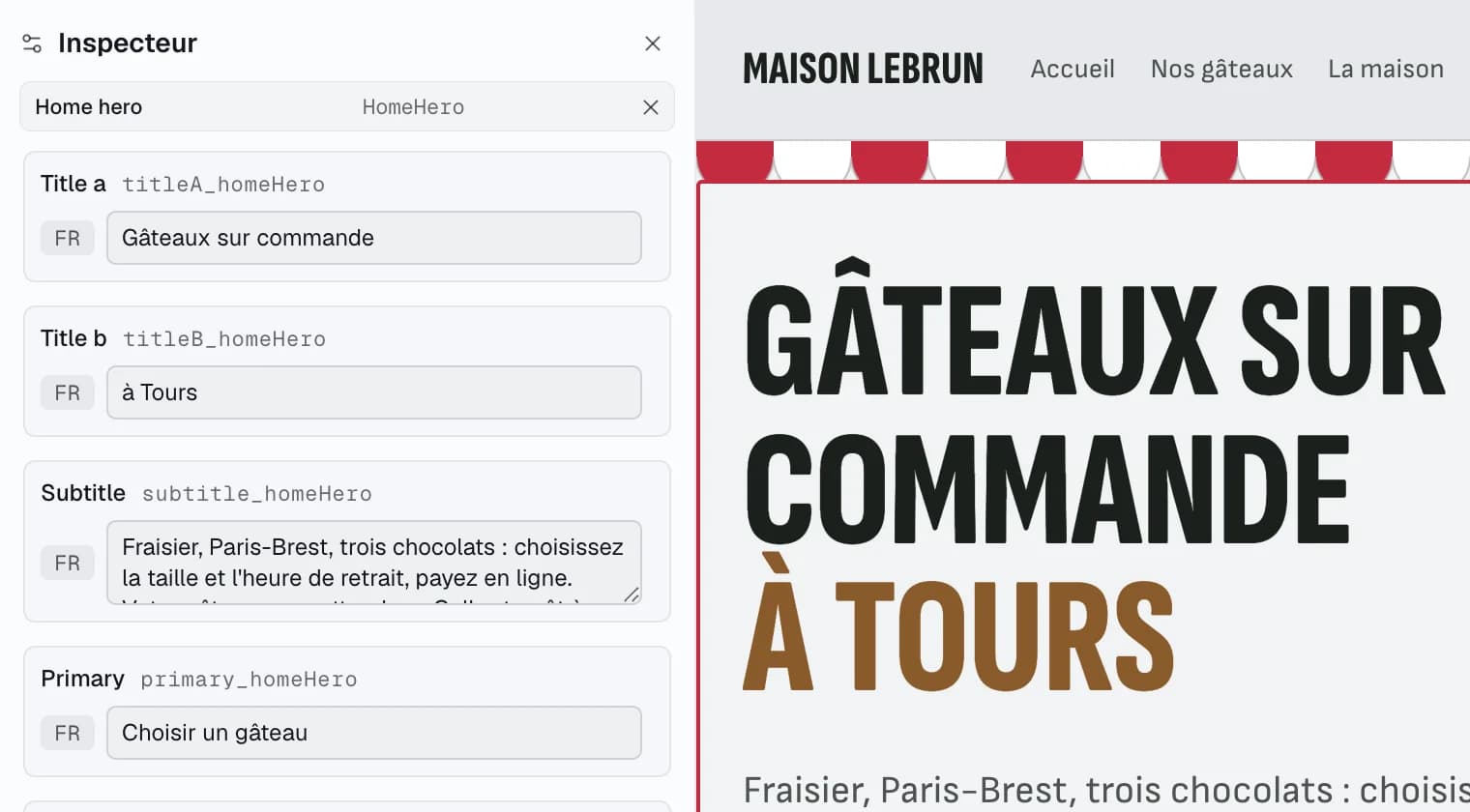 A block's texts in the Inspector: each with its key, one value per language.