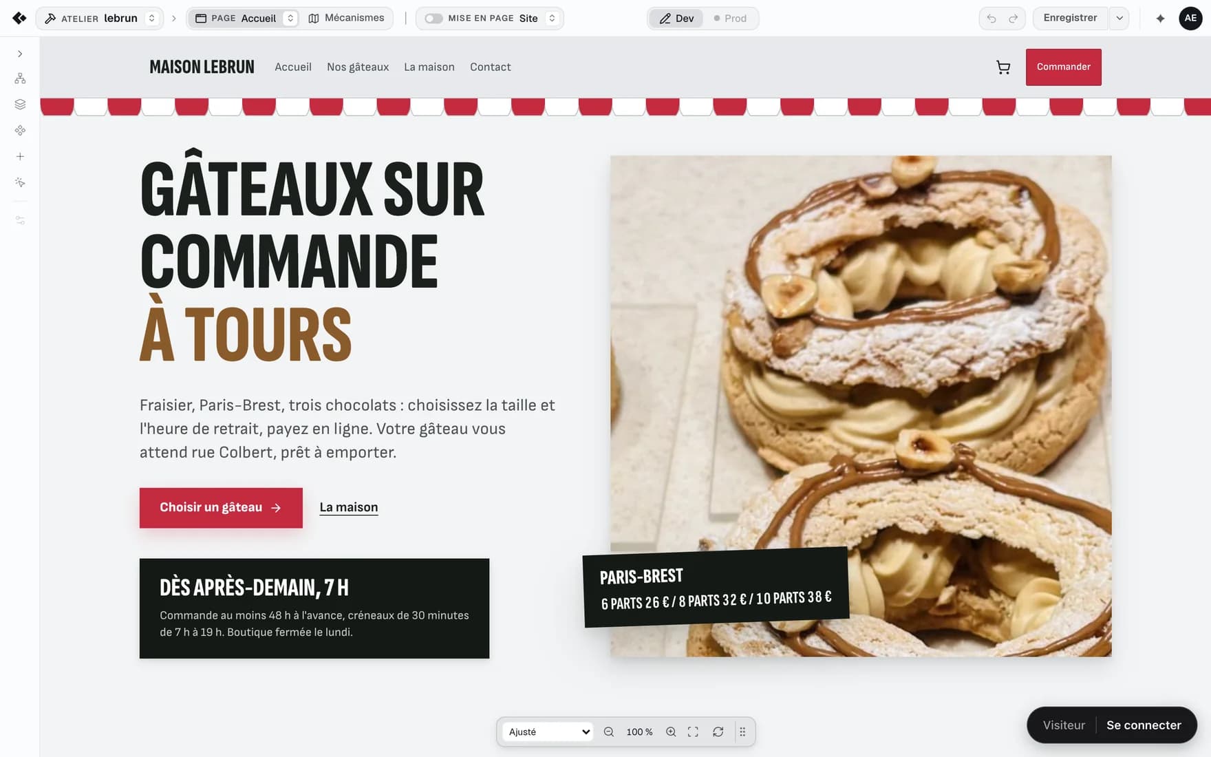 The Workshop open on a pastry shop home page: the bar on top, the rail on the left, the page in the middle, the view tray at the bottom.