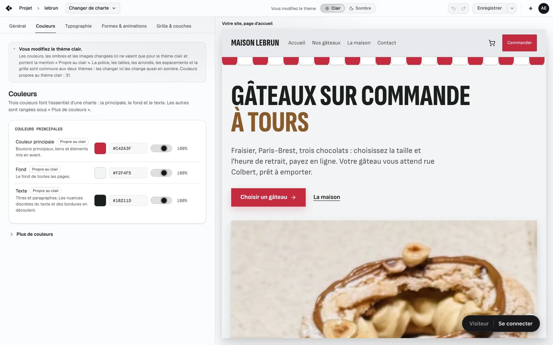 The brand kit editor in light theme, Colours tab, the project's home page previewed on the right.
