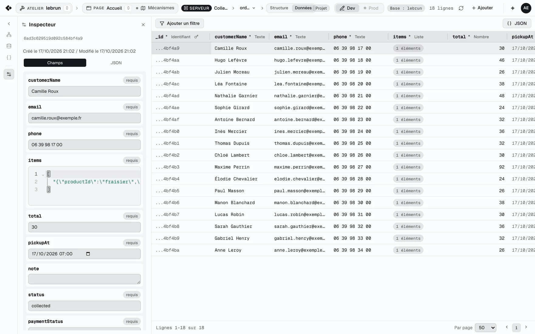 The Data view on the orders collection: the grid on the right, one document open in the Inspector on the left.