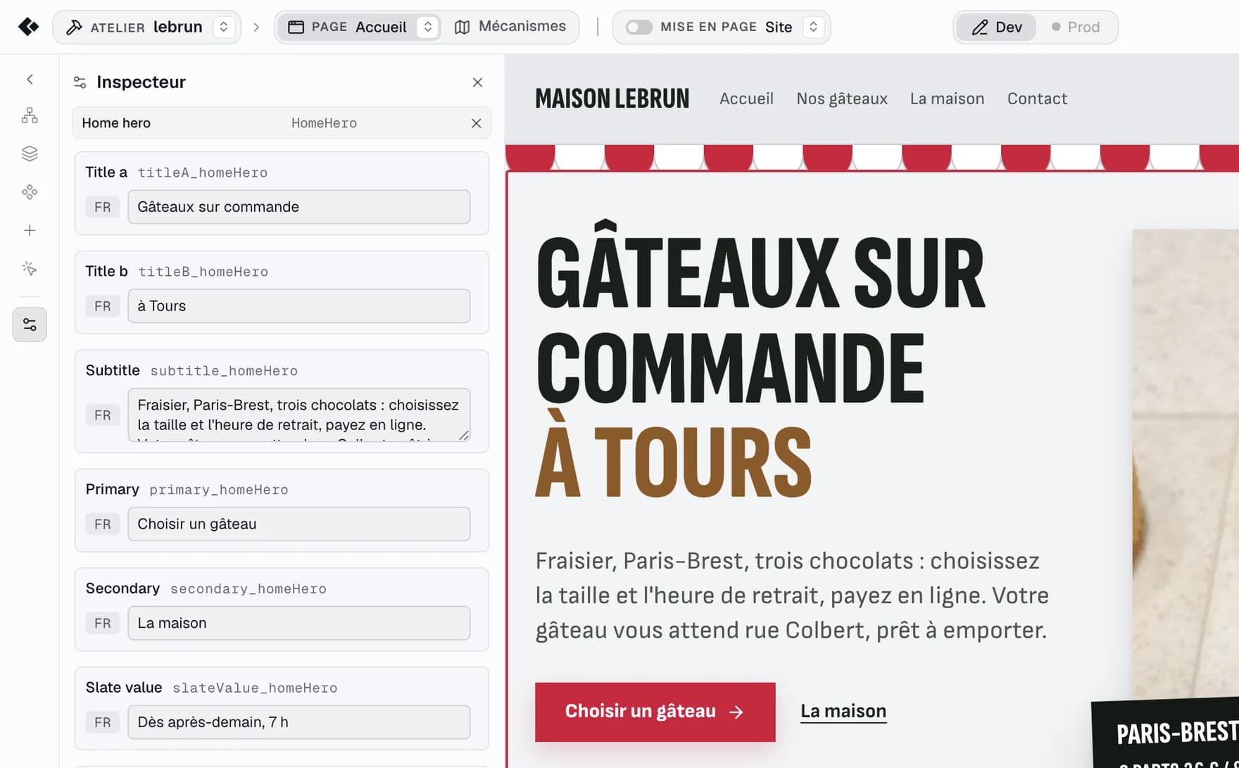 The Inspector open on the home header block: its text fields on the left, the block outlined in the page.