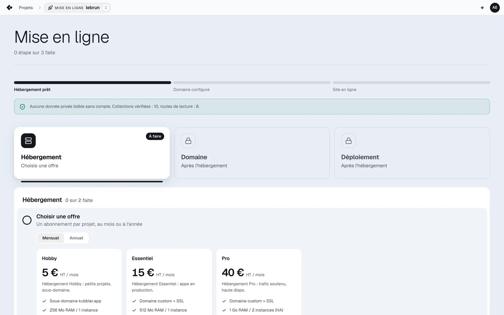 A project's Going live page: the Hosting, Domain and Deployment steps, the private data check, the Hobby, Essential and Pro plans.