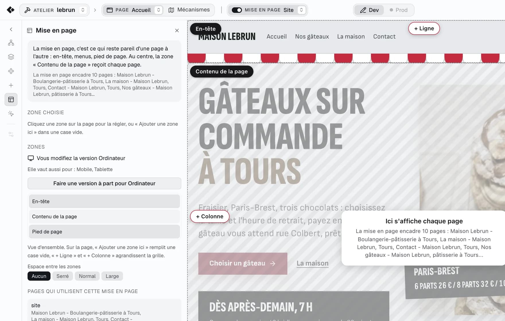 The Site layout being edited: named zones over the greyed page, the Layout panel on the left.