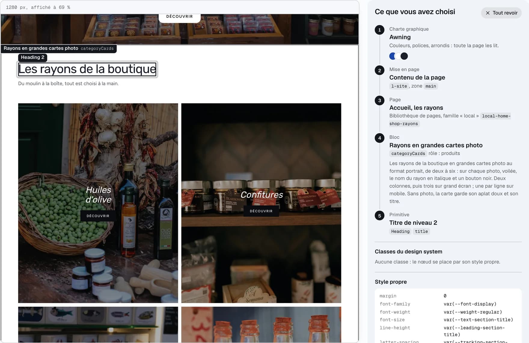 A library page taken apart: a grocery's home page, its blocks outlined and named, the panel that details the chain from the brand kit to the node.