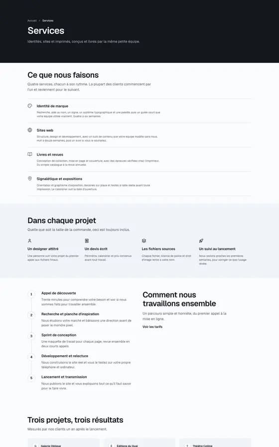 The library page "Services, editorial studio".
