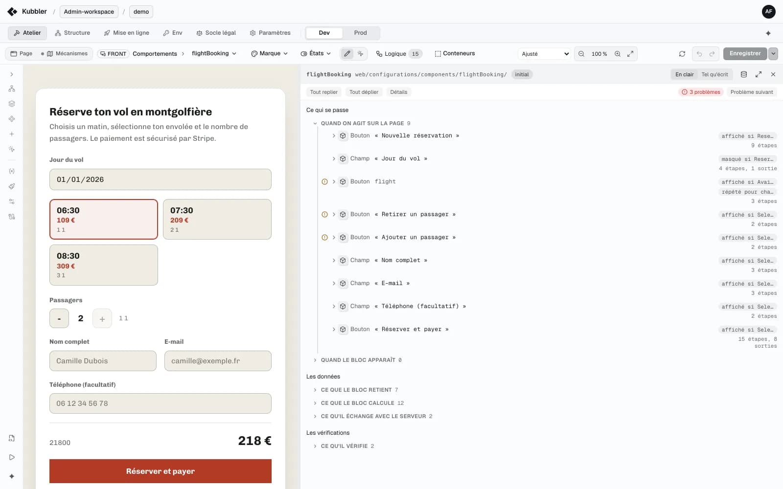 A demo's booking block in the Workshop: the form on the left, and on the right what happens at each field and button, in plain words.
