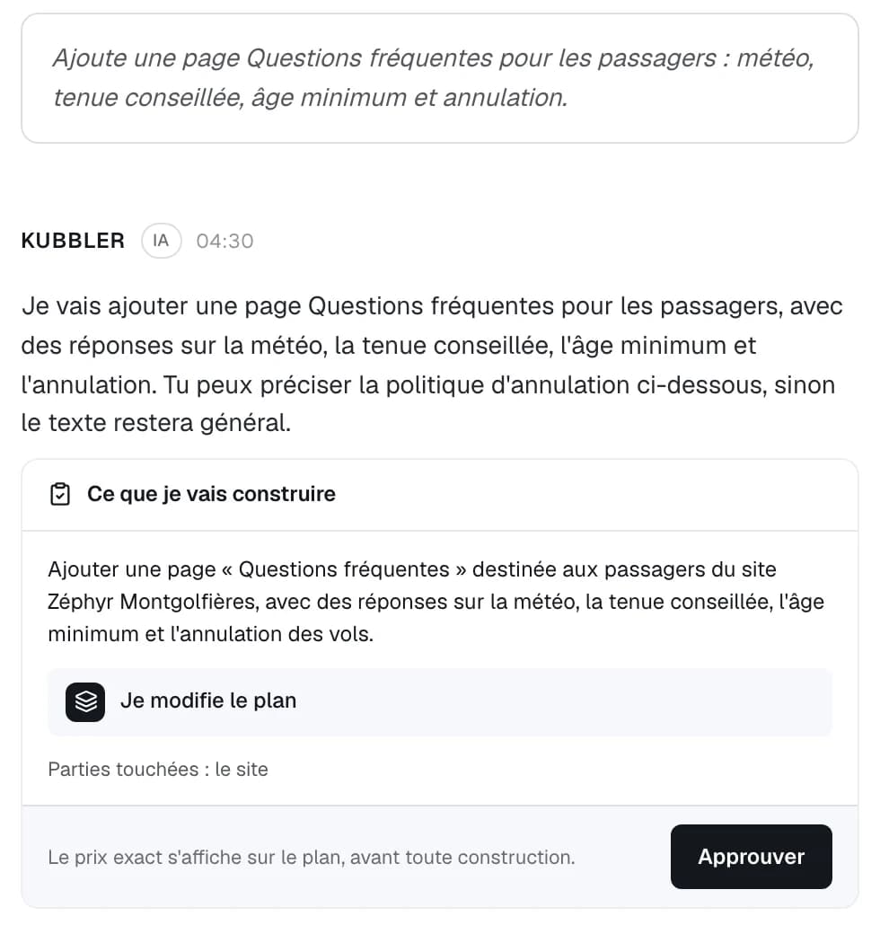 The Kubbler assistant on Zéphyr Montgolfières: the request to add a Frequently asked questions page, Kubbler's reply, then its proposal What I will build, with I change the plan, Parts affected: the site, and the Approve button