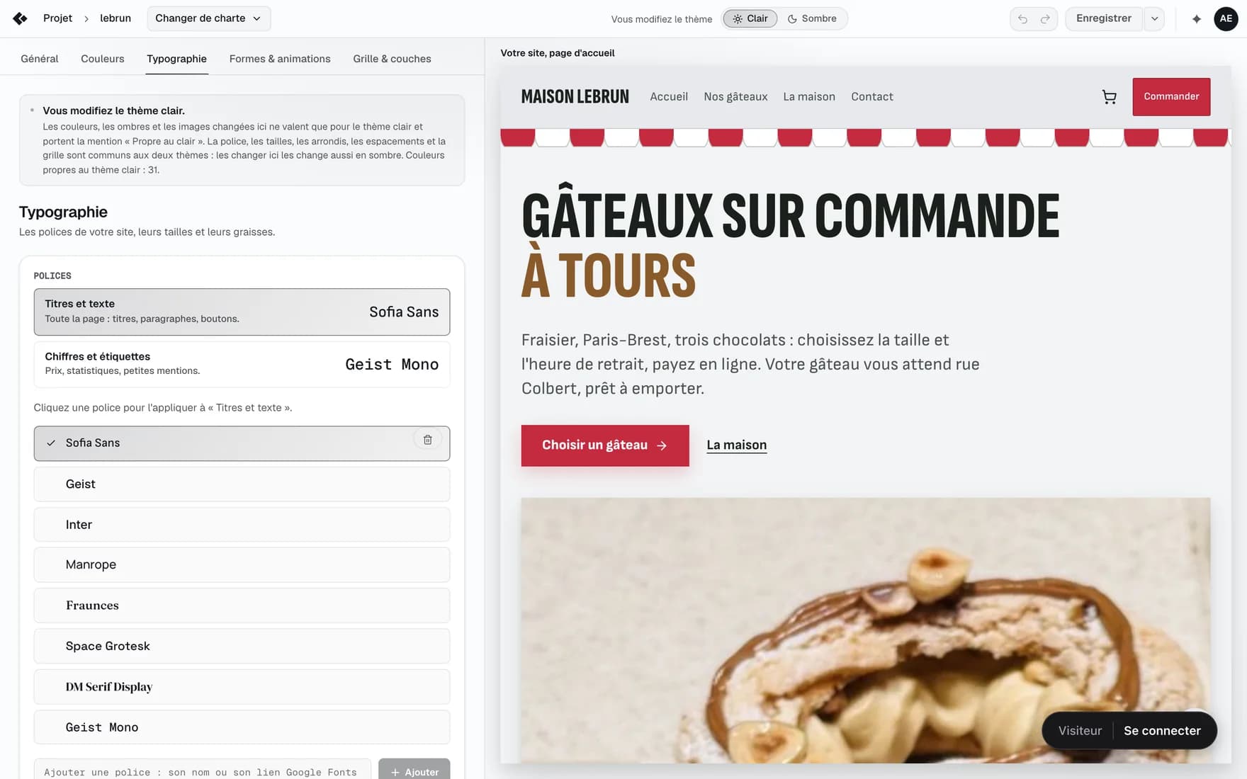L'éditeur de charte, section Typographie : choix des polices et liste des familles proposées.