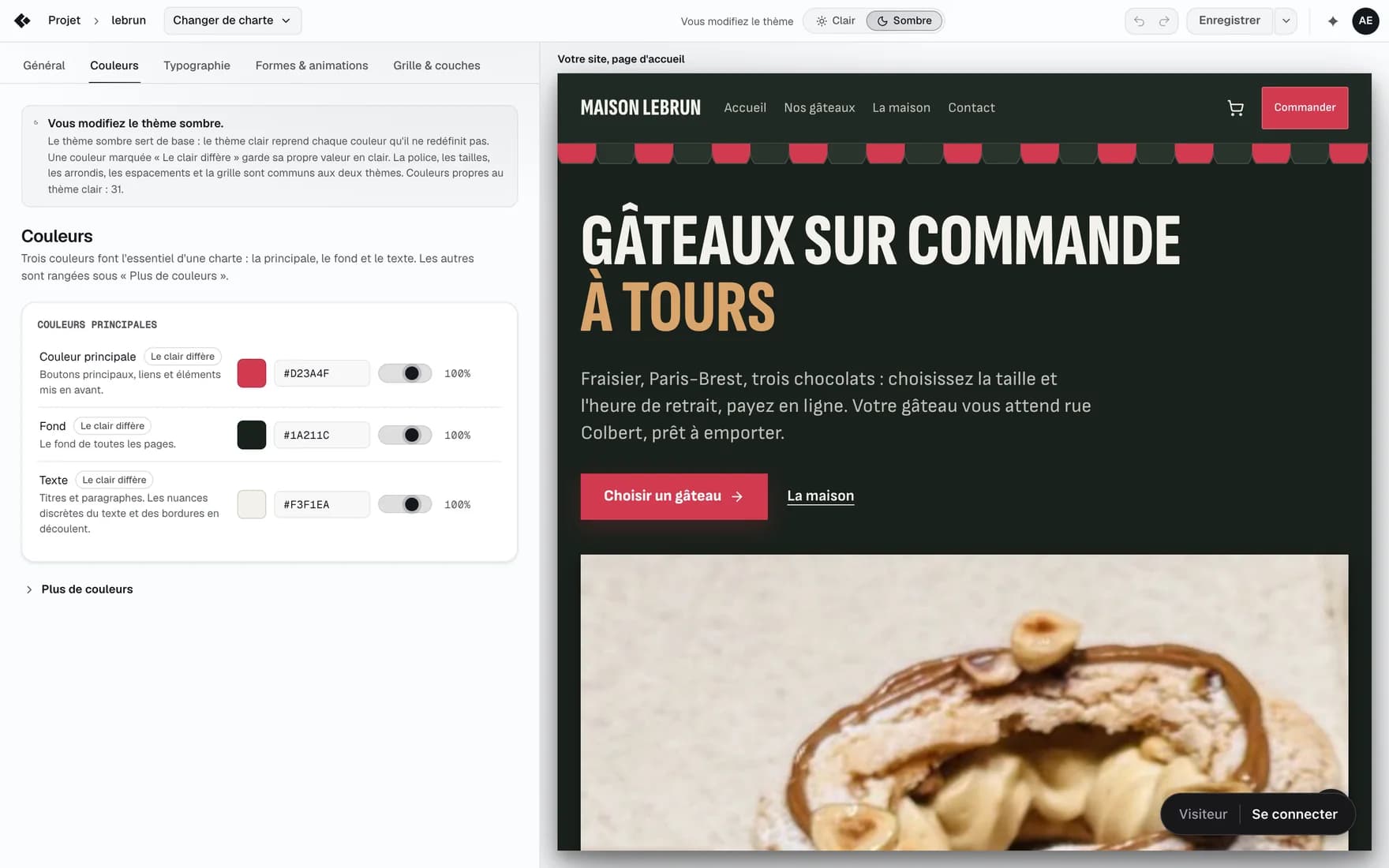 L'éditeur de charte en thème sombre, section Couleurs, l'accueil du projet en aperçu sombre.