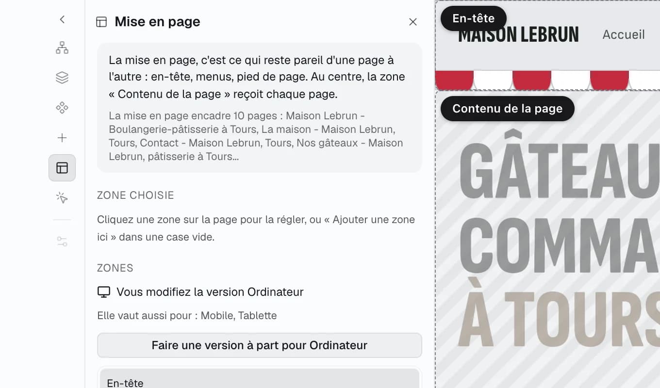 Le rail de gauche numéroté, onglet par onglet, à côté du volet Mise en page ouvert.
